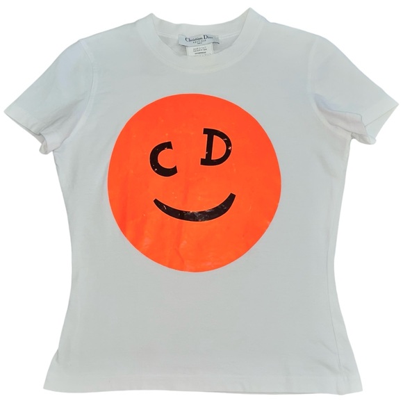 AUTH VTG Christian Dior Neon Orange Smiley Face CD Logo Graphic Tee Shirt Top - Picture 2 of 15